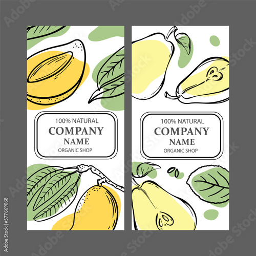 PEAR MANGO LABELS Vertical Stickers Design For Shop Of Tropical Organic Natural Fresh Juicy Fruits And Dessert Drinks In Sketch Style Vector Illustration Set