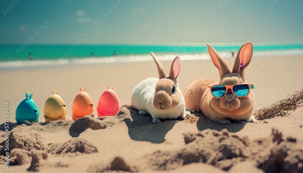 cute bunny easter eggs on beach, Generative AI
