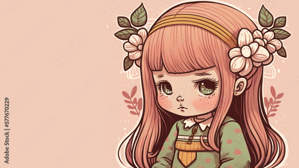 Hand drawn kawaii cute girl illustration with copy space background. Generative ai. Hand drawn kawaii cute girl illustration with copy space background. Generative ai.