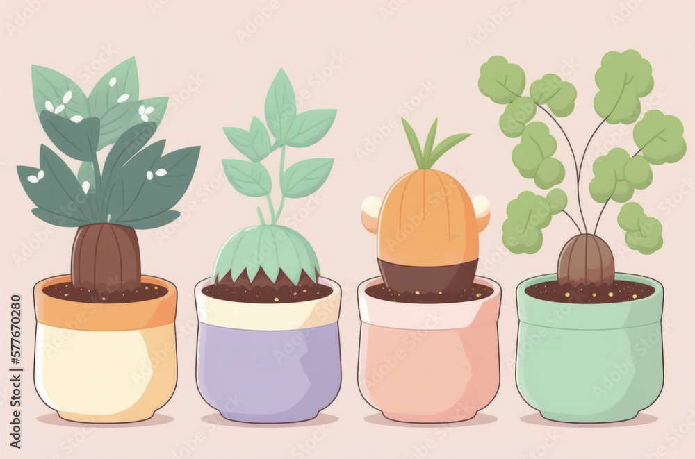 Fototapeta premium Cute illustration small plant in pots colorful color background. Generative ai.