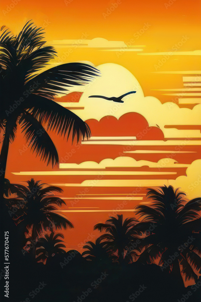 Summer card poster flyer invitation card. Tropical background with palms, sky and sunset. Generative ai.
