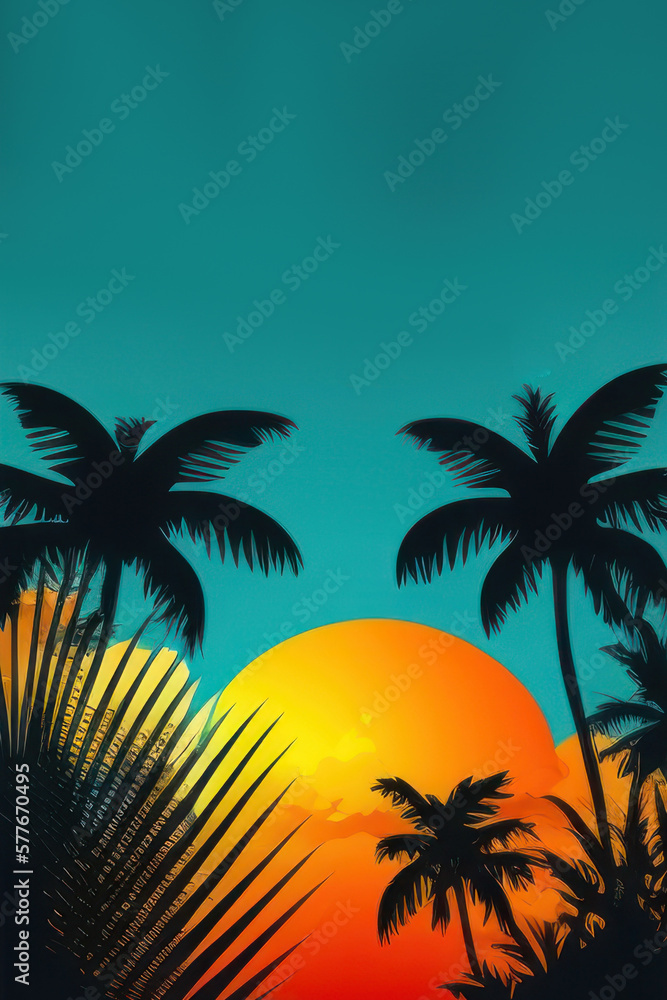 Summer card poster flyer invitation card. Tropical background with palms, sky and sunset. Generative ai.
