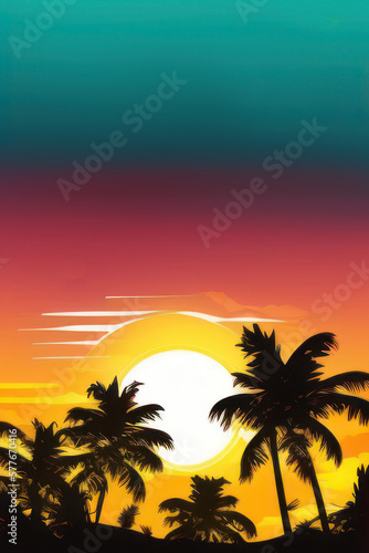 Summer card poster flyer invitation card. Tropical background with palms, sky and sunset. Generative ai. © ant