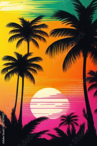 Summer card poster flyer invitation card. Tropical background with palms, sky and sunset. Generative ai. © ant
