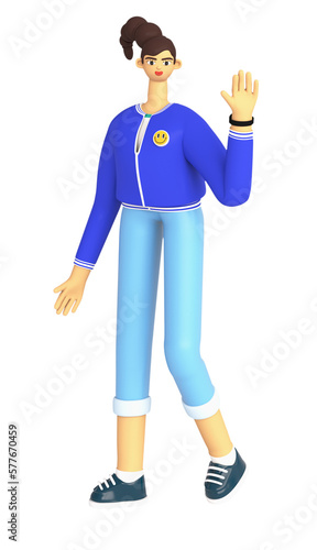 3d woman avatar for app, web, business presentation. Cute female character standing, saying hello and waving with hand. Minimal render illustartion on white background.