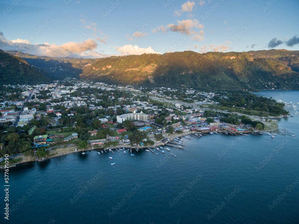 Panajachel Town and Atitlan lake with Mountains. Sightseeing Place in Guatemala