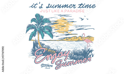 Summer vintage graphic print design. Beach vibes with board print design. Hand sketch beach vector design. flamingo artwork.