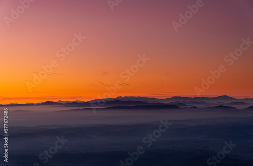 Zagreb Skyline in Croatia. Sunset Light Colorful Sky in Background. View from the top of Medvednica Mountain.