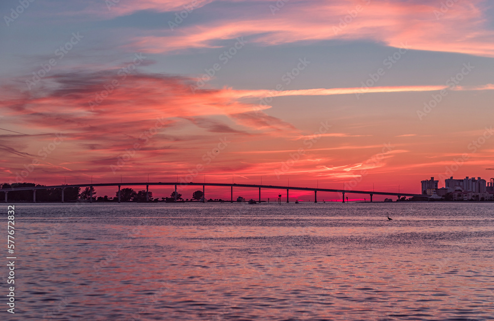 Sunset in Clearwater Beach, Florida. Landscape. Gulf of Mexico. Cityscape.