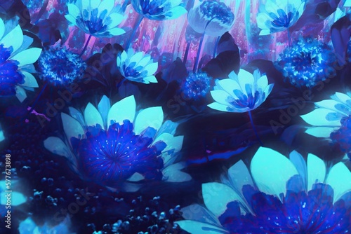 Fantasy glowing blue flowers background. Generative AI illustration
