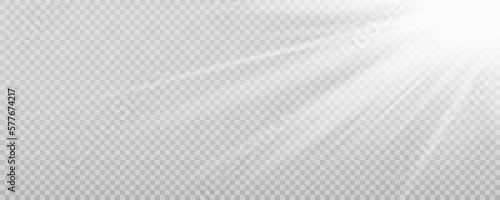 Shining sun glare rays, lens flare vector illustration. Sunlight glowing png effect. White beam sunrays sky background.