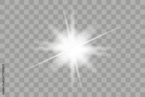 Shining sun glare rays, lens flare sun. Vector illustration png effect. Sunlight glowing white beam sunrays sky background.	