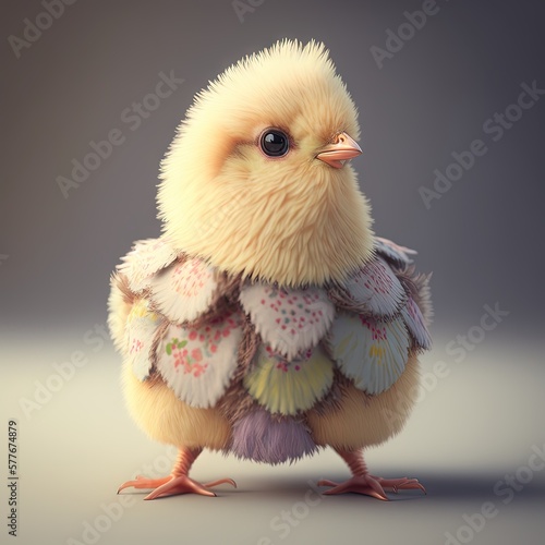 Happy Easter. Cute easter chick with easter eggs. Generative AI