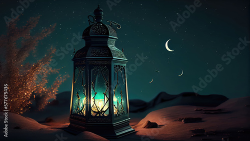 arabic lantern of ramadan celebration background illustration. copy space area background. Generative AI