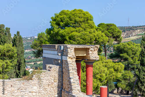 Partial view of the Minoan Palace of Knossos near Heraklion city, Crete island, Greece. Knossos was the palace of the legendary King Minos (or Minoas) in ancient Crete.  photo