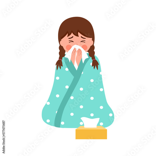 Child has fever and sneezing in tissue paper or handkerchief. Flu or cold allergy symptom.