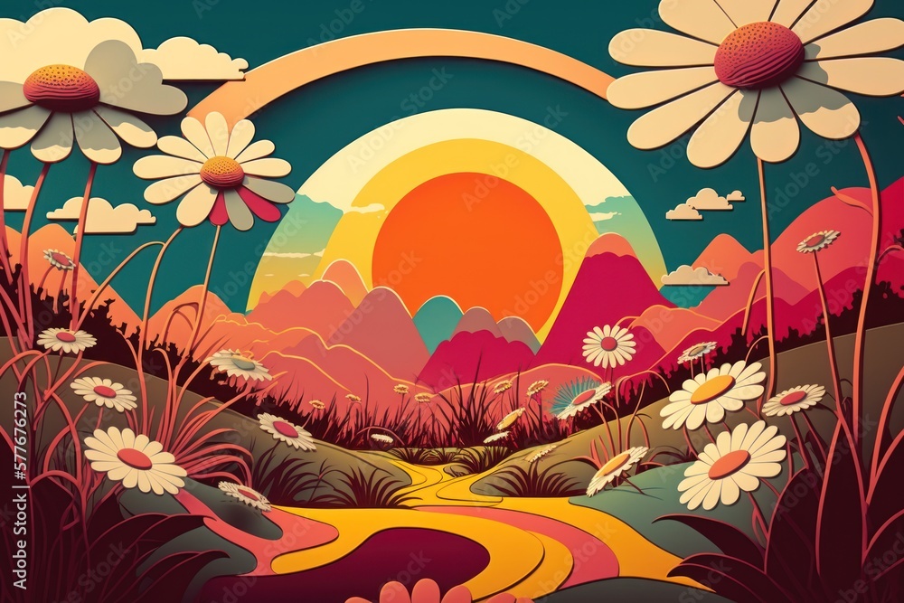 Abstract retro psychedelic fancy landscape with vibrant color fields, daisy flowers and sun .Generative ai. Abstract retro psychedelic fancy landscape with vibrant color fields, daisy flowers and sun .Generative ai.