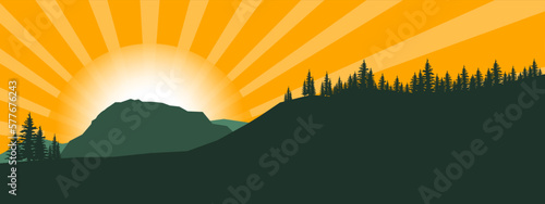 Silhouette of mountains forest tress view landscape panorama background, sunrise sunset sunbeams, illustration icon vector for logo hiking adventure nature wildlife