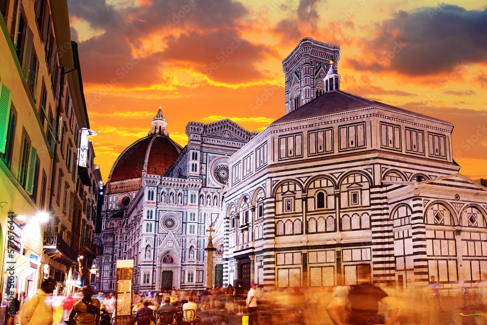 Beautiful landscape fabulous view of famous Florence Duomo Cathedral, Basilica di Santa Maria del Fiore (Basilica of Saint Mary of the Flower) at sunset.