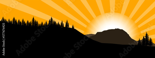 Silhouette of mountains forest tress view landscape panorama background, sunrise sunset sunbeams, illustration icon vector for logo hiking adventure nature wildlife