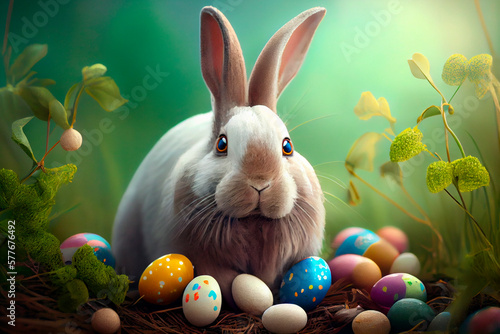 Easter bunny in the field surrounded by eggs and spring flowers  Ai Generative. 