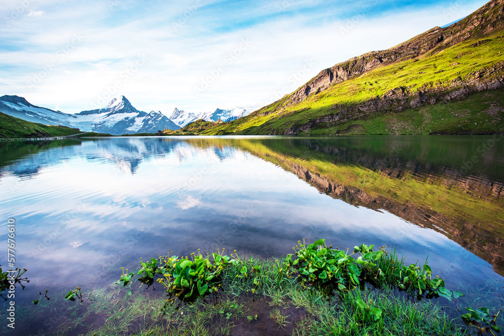 Breathtaking beautiful scenery on the lake in the Swiss Alps. Wetterhorn, Schreckhorn, Finsteraarhorn et Bachsee. Exciting places. (relaxation, harmony, anti-stress - concept).