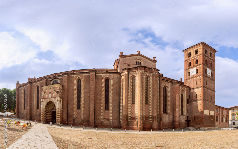 Widescreen panoramic view with lens distortion of the Asti Cathedral (Cattedrale di Santa Maria Assunta e San Gottardo) Asti, Italy