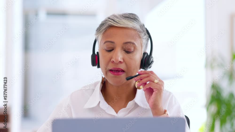 Business woman, laptop or call center headset in CRM office, customer support company or b2b sales telemarketing. Mature, talking or receptionist on help technology, networking or telecom consulting Business woman, laptop or call center headset in CRM office, customer support company or b2b sales telemarketing. Mature, talking or receptionist on help technology, networking or telecom consulting