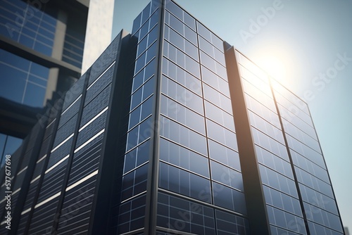 BIPV thin film solar panel on an urban high rise building on a sunny day. Generated by AI. © CSS Studio