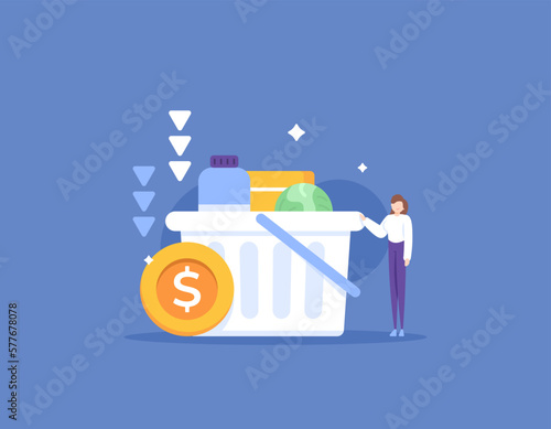 the price of basic necessities and staples drop. conserve and minimize the monthly shopping expenses. Save money shopping. a woman and a basket of food and drink. illustration concept design. element 