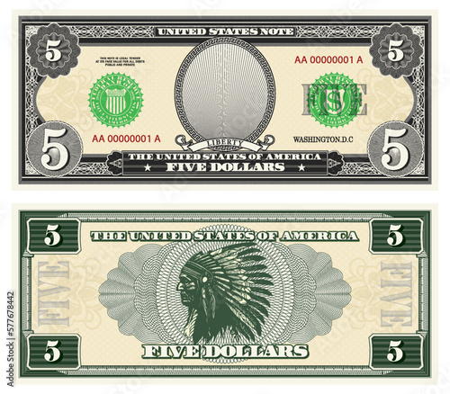 Vector gray banknote obverse and green reverse. Denomination five US dollars. Empty oval, native indian and guilloche frame. American paper fiction money.