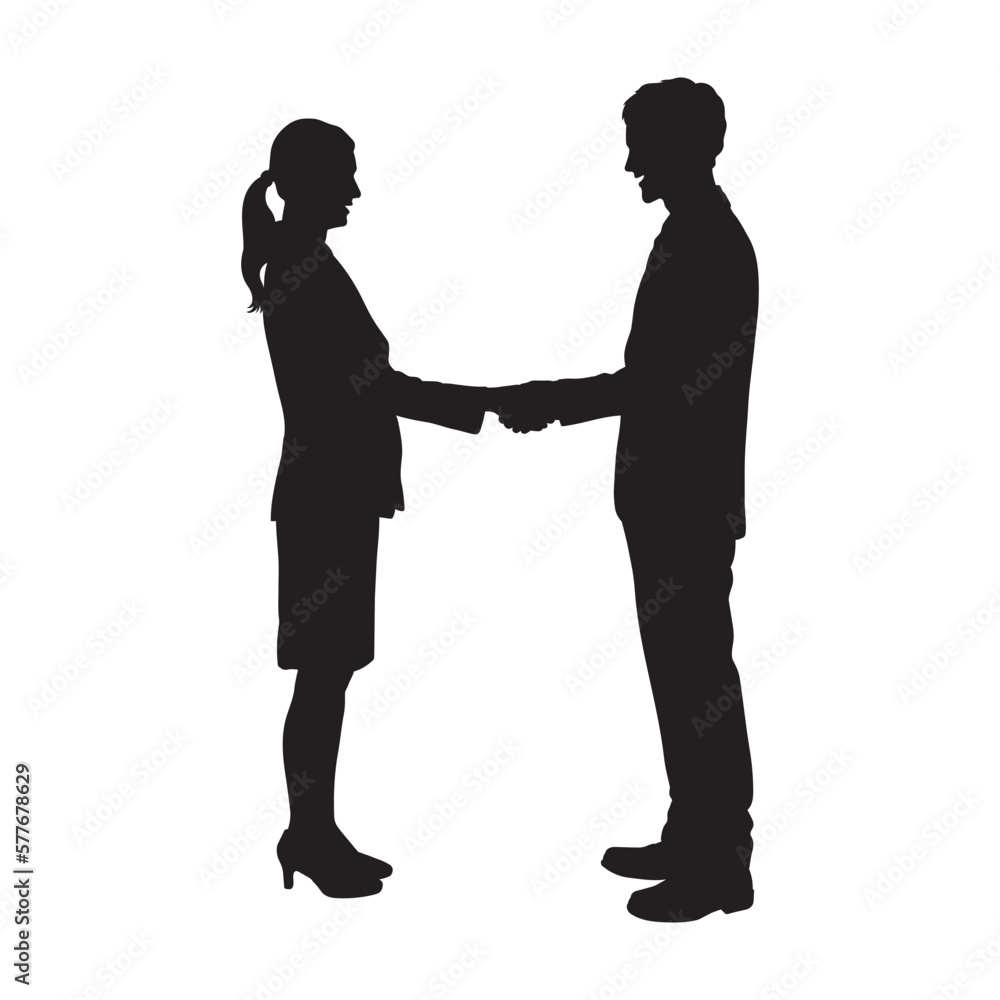 Businessman and woman handshake silhouette on white background.