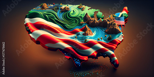 U.S. flag on the background of a map of the country with elements of natural features, cartoon style, vibrant colors. Generative ai