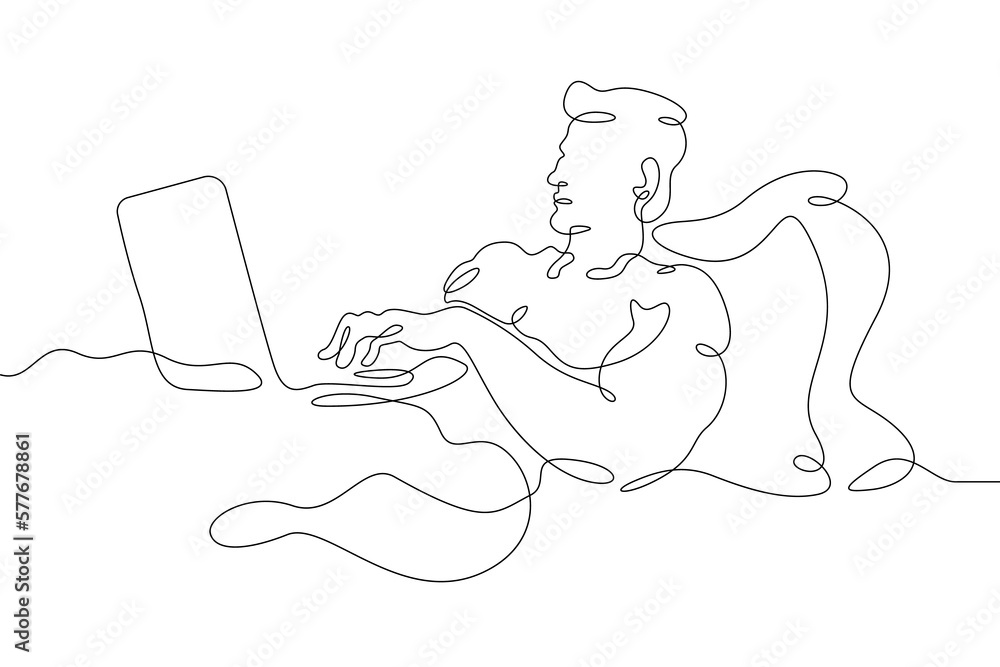 One continuous line. Man in bed with laptop. Young man in bed. Man with a computer. One continuous line drawn isolated, white background.