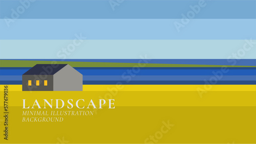 House in the middle of the flower field minimal landscape vector illustration background