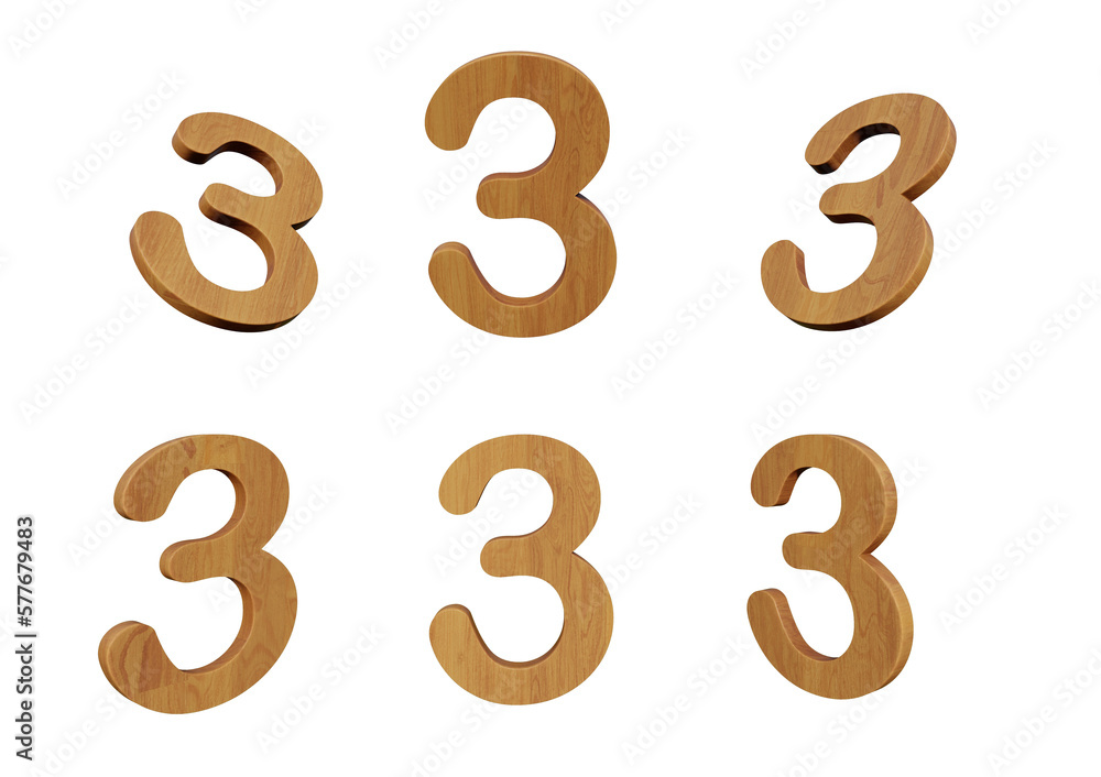 3d rendering number 3 from tree in different positions 3d rendering number 3 from tree in different positions