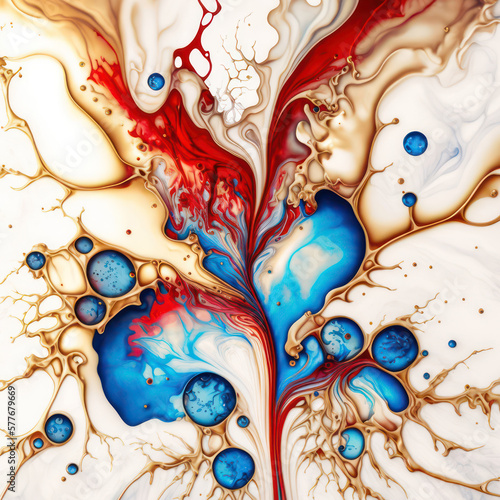 Generative AI illustration of colorful alcohol ink spill abstract background on cream marble base © veneratio