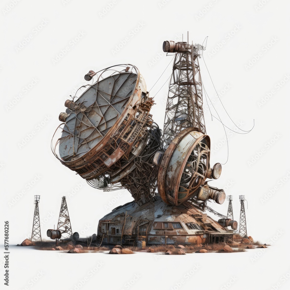 Ruined damaged and rusted radar, old navigation system, post apocalypse object Ruined damaged and rusted radar, old navigation system, post apocalypse object