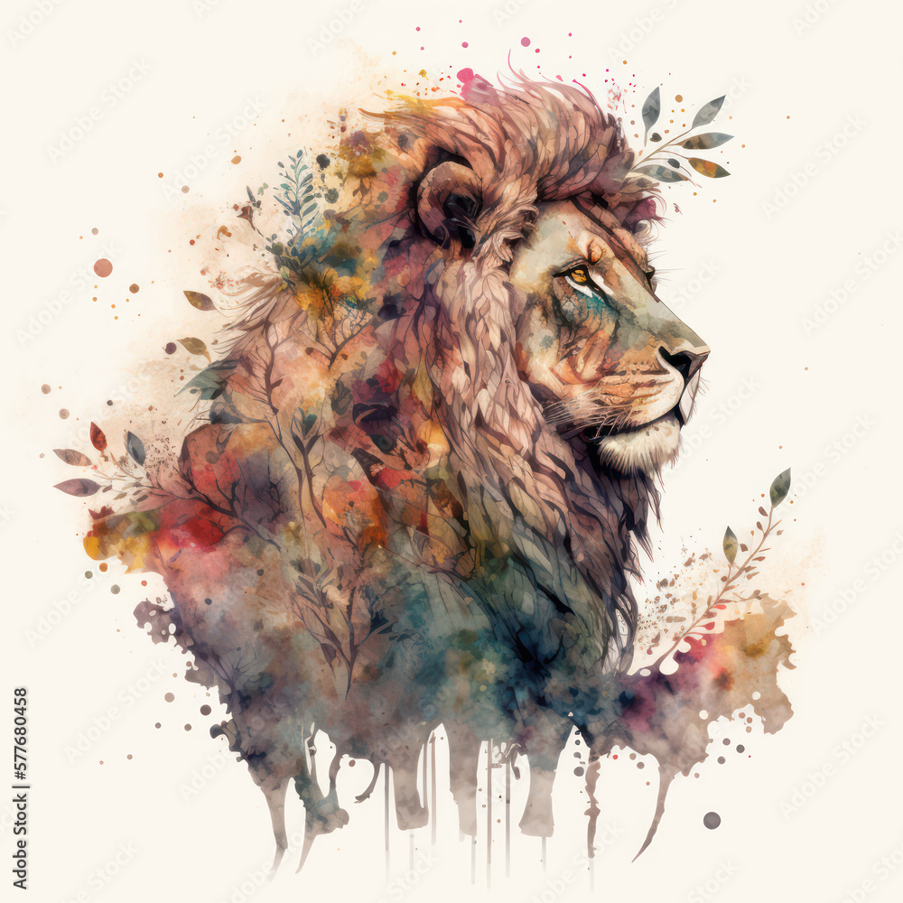 Generative AI illustration of lion's head portrait with floral designs ...