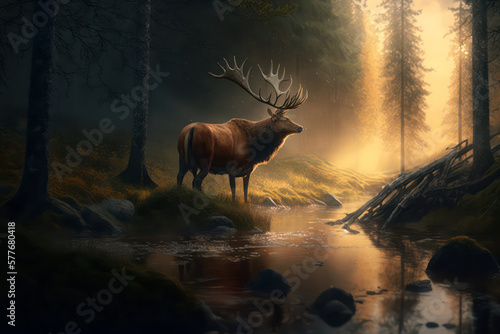 Generative AI illustration of beautiful Red Deer stag at stream in forest landscape at sunrise with glowing sun beams through the trees