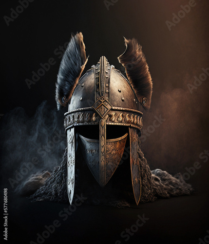 Casque de chef viking en métal et fourrure à cornes vu de face, dans une ambiance lumineuse dramatique sur un fond noir et fumée. Equipement guerrier. IA générative. photo