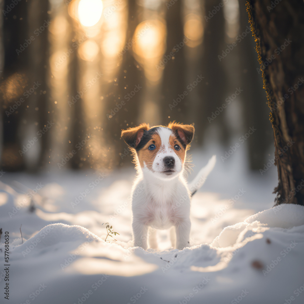 Generative AI illustration of cute adorable Jack Russell puppy dog in woodland landscape witrh sunrise light glowing through the trees