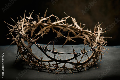 Generative AI illustration of symbolic Jesus Christ crown of thorns on vintage wooden background photo