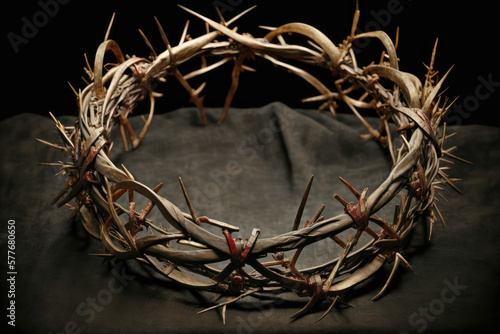 Generative AI illustration of symbolic Jesus Christ crown of thorns on vintage wooden background photo