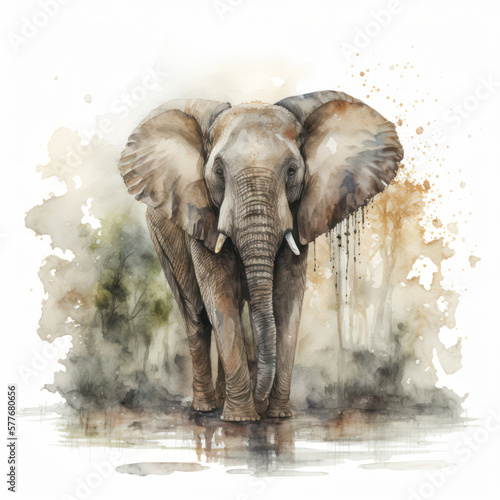 Generative AI illustration of watercolour style image of endangered animal African Elephant in jungle
