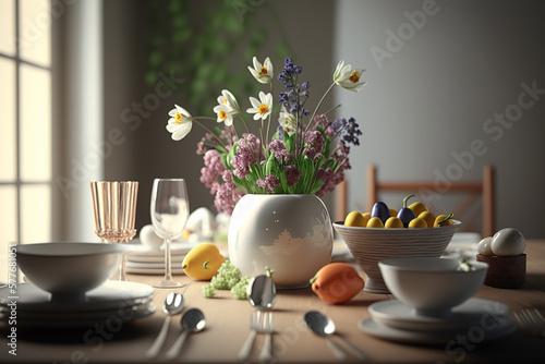 Traditional Easter table with tablewear and a bouquet of flowers. Generative AI. photo