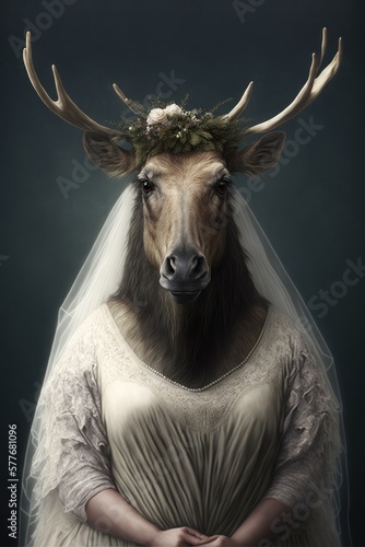  Elk dressed up in wedding dress. Generative AI © Razvan