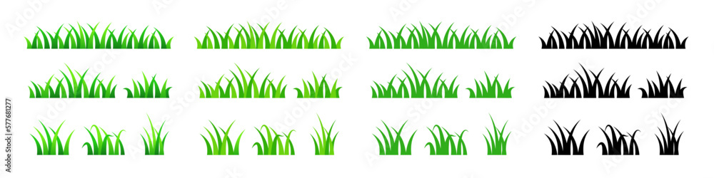 Grass border set. Green lawn set. Realistic, cartoon, flat, silhouette.