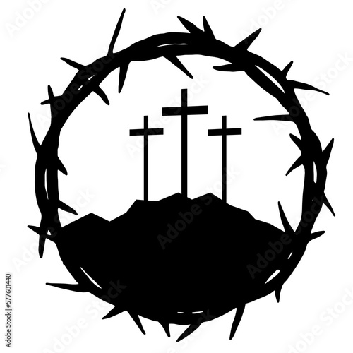Good friday crucifixion Easter religious vector illustration - Black silhouette of Crown of thorns icon symbol and crucifix cross with jesus, isolated on white background