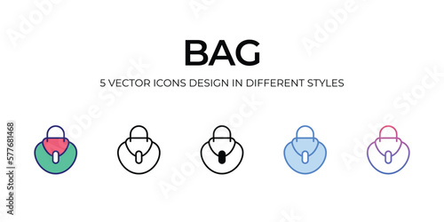 bag Icon Design in Five style with Editable Stroke. Line, Solid, Flat Line, Duo Tone Color, and Color Gradient Line. Suitable for Web Page, Mobile App, UI, UX and GUI design.